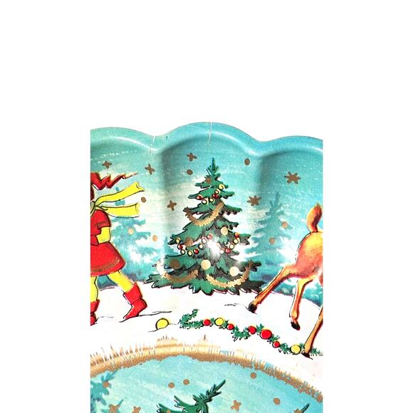 Vintage 1960s Deer and Pixie Elf Plastic Serving Tray Winter Scene Serving Tray - Picture 2 of 7